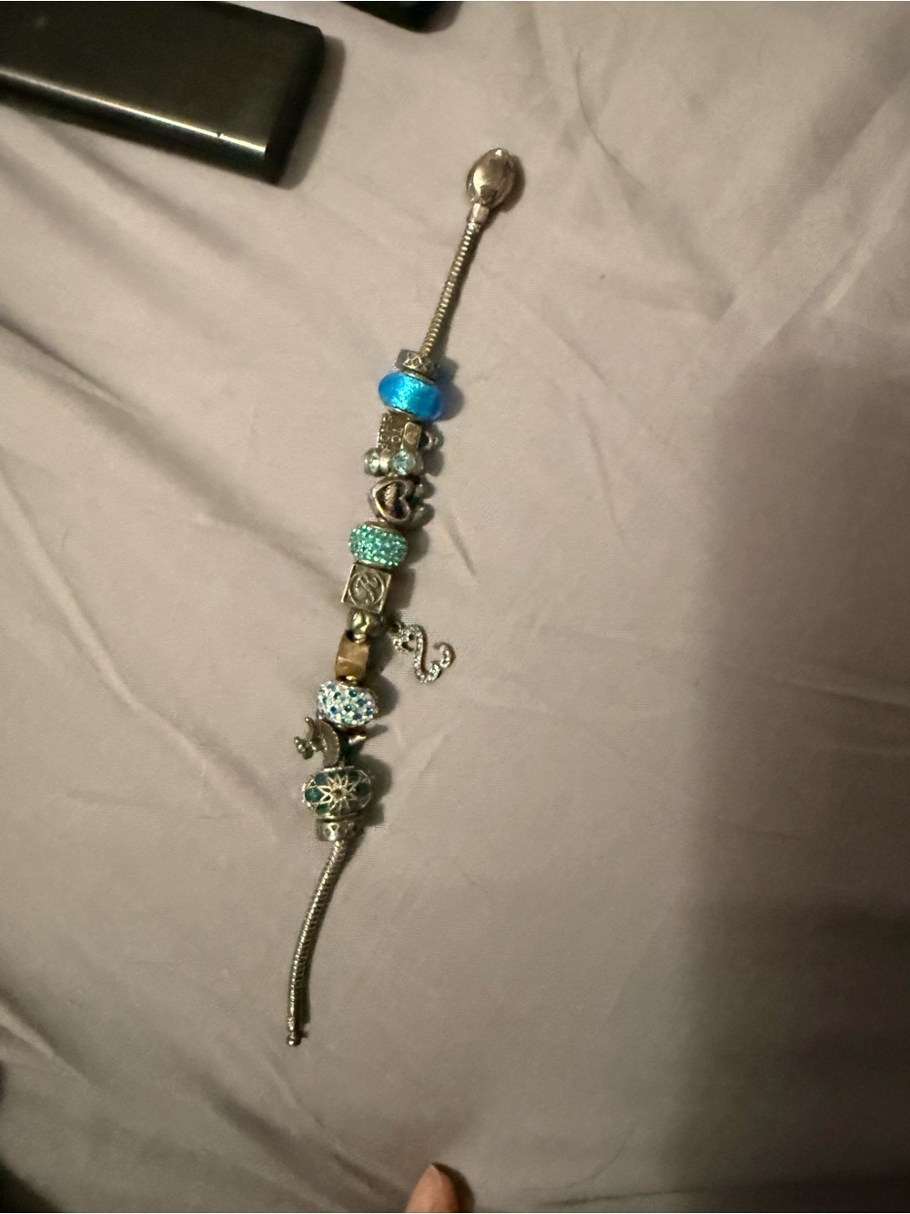 Silver Charm Bracelet with Blue and Teal Beads